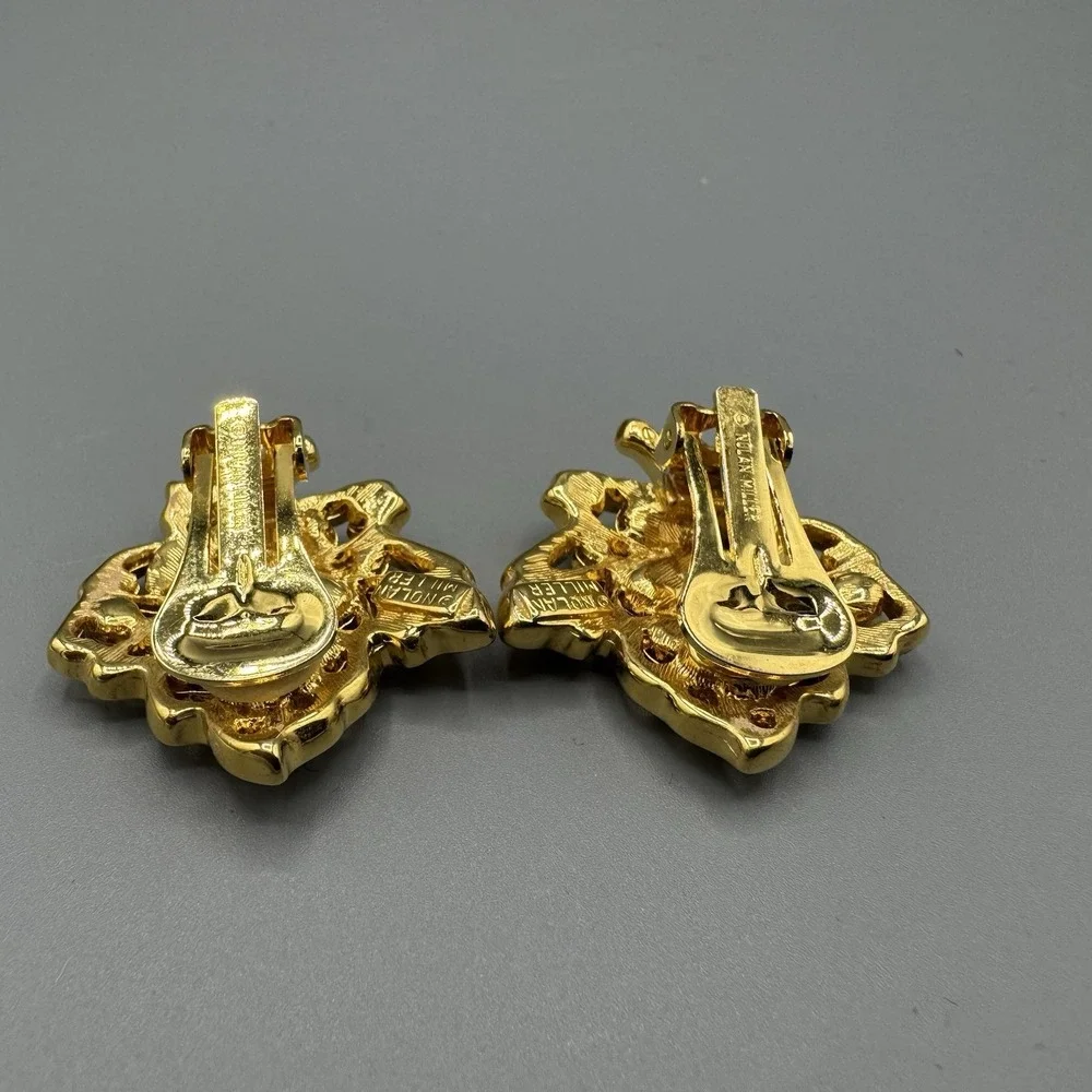 Vintage Nolan Miller Gold Tone Autumn Leaf Rhinestone Clip On Earrings